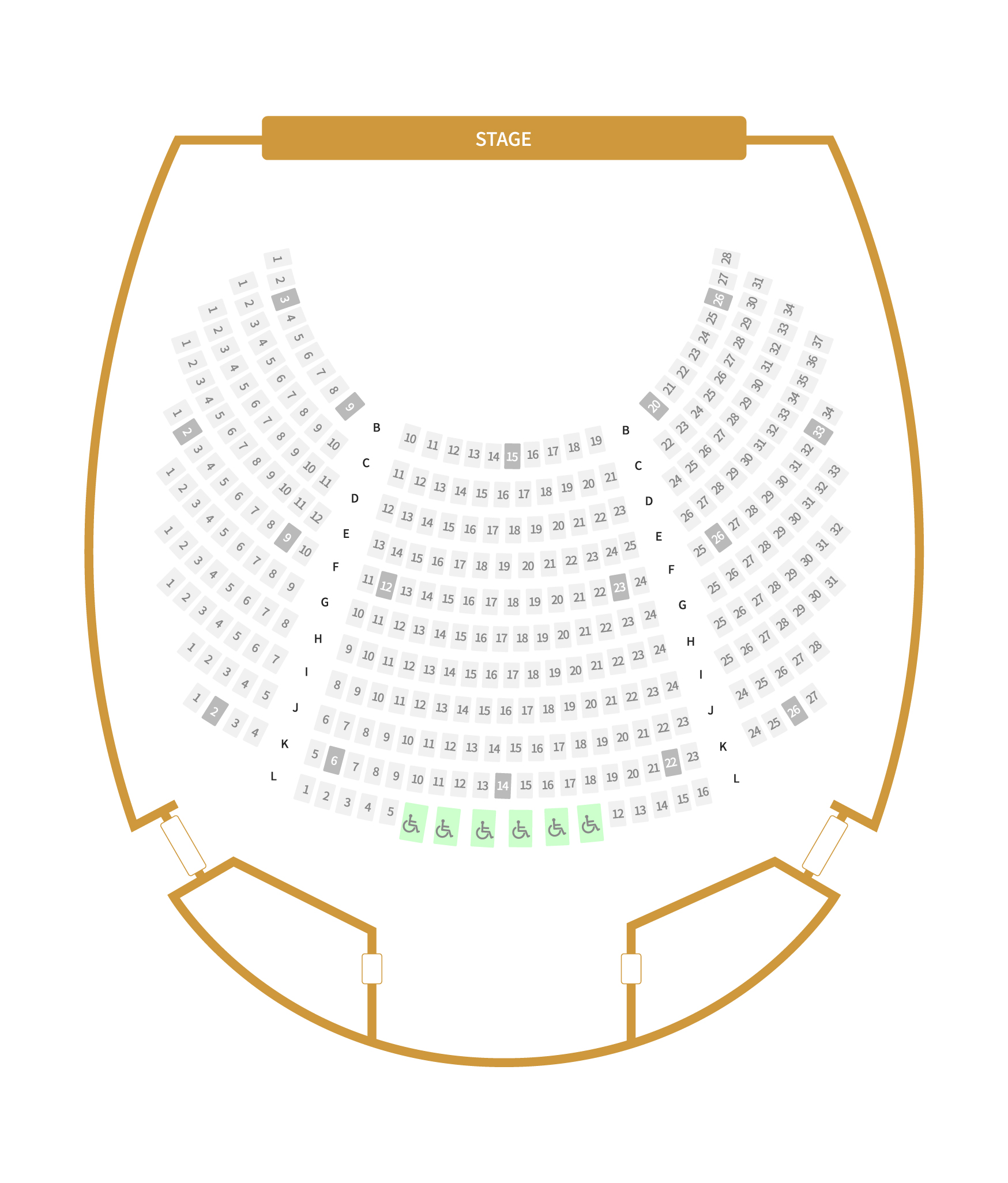 화랑홀 휠체어 배치도 STAGE 오케스트라석 (장애인 구역 T-5, T-6, T-7, T-8, T-9, T-10, T-11, T-24, T-25, T-26, T-27, T-28, T-29, T-30)